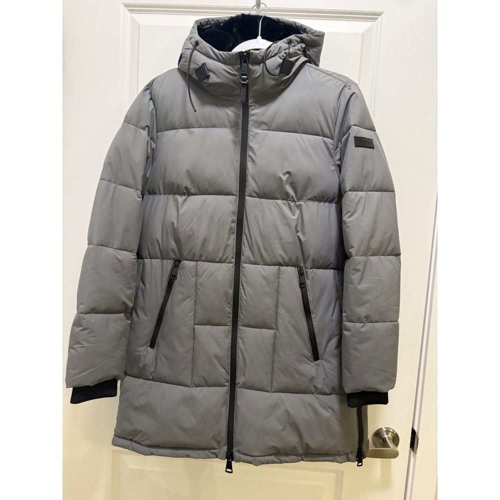 DKNY Jeans Womens‎ Gray Quilted Hooded Puffer Coat Jacket Faux Fur Lining Medium